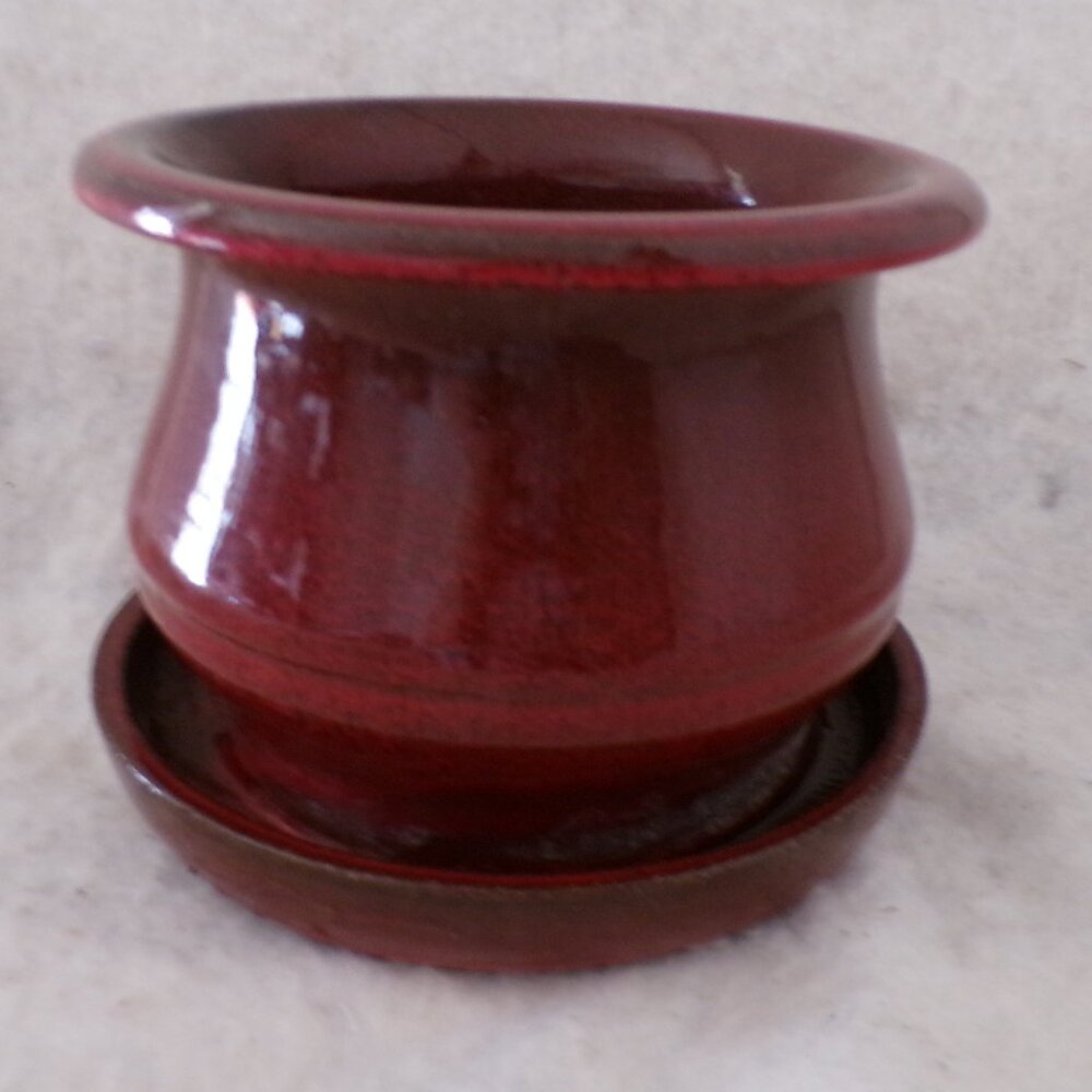 Plant Pot Ceramic With Attached Saucer Houseplant Planter Red Speckled Black